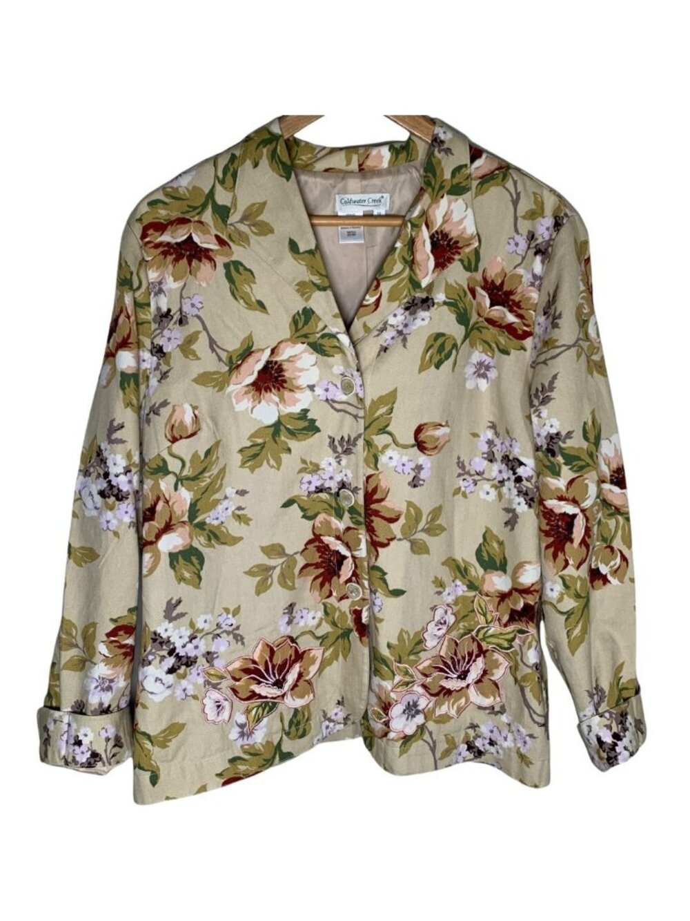 Coldwater Creek Blazer Womens 1X Floral Cotton Beige Green Jacket